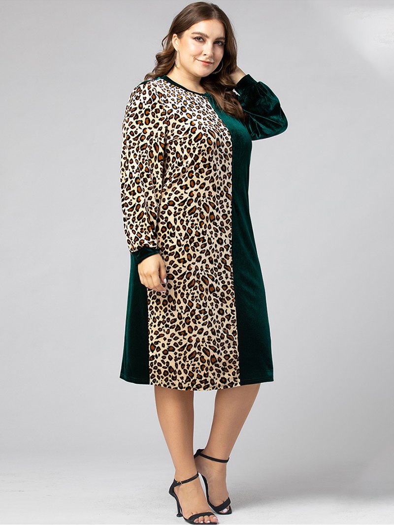 Round-neck Leopard Patchwork Dresses