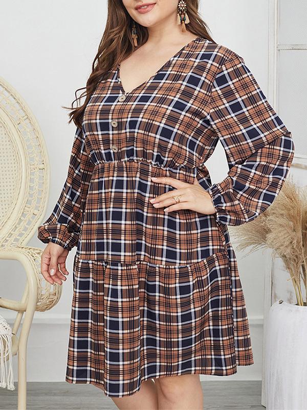 V-neck Plaid Button Dresses