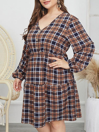 V-neck Plaid Button Dresses