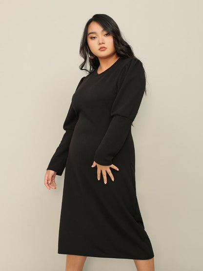 Solid Long Sleeve Round Neck Dress