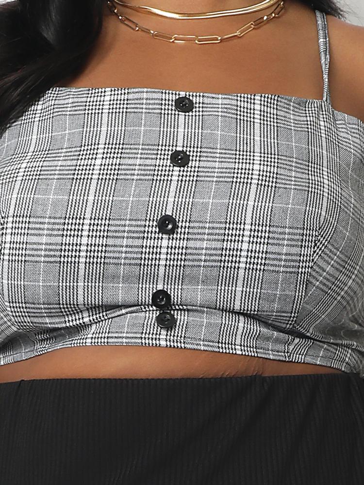 Plaid Button Crop Tank Top