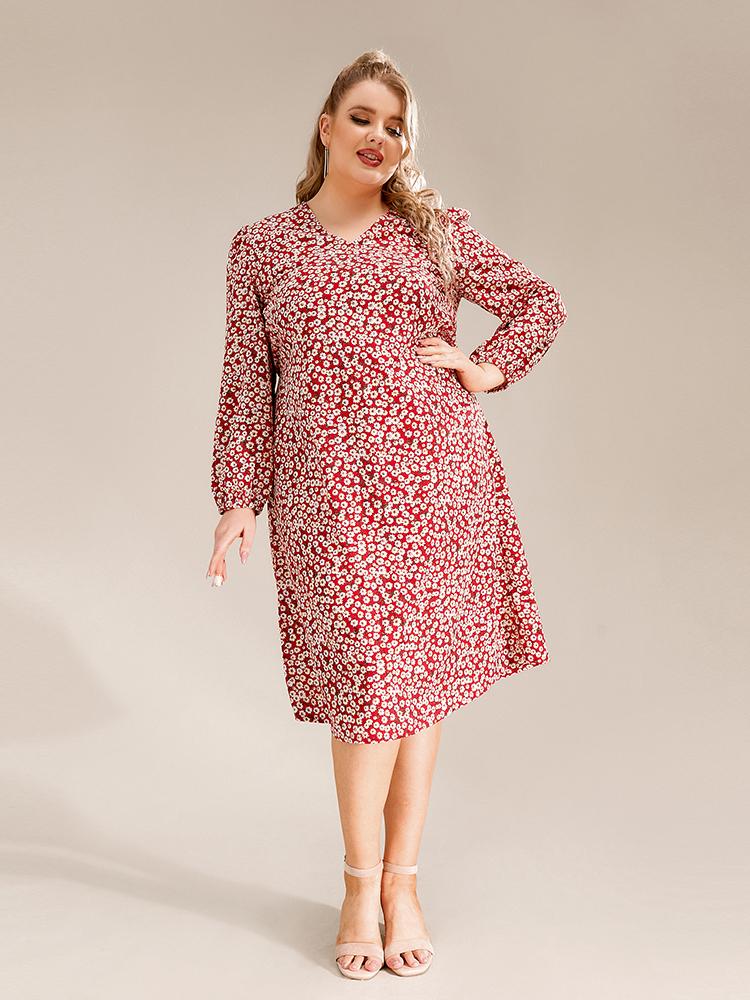 Ditsy V-neck Long-sleeved Dress