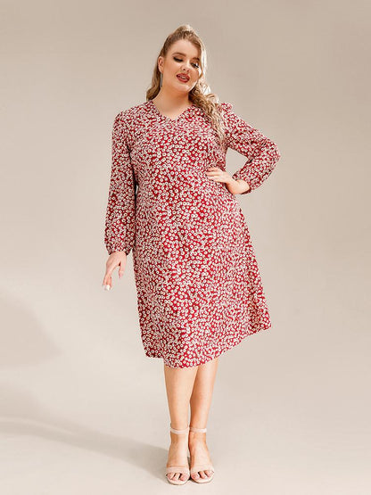 Ditsy V-neck Long-sleeved Dress