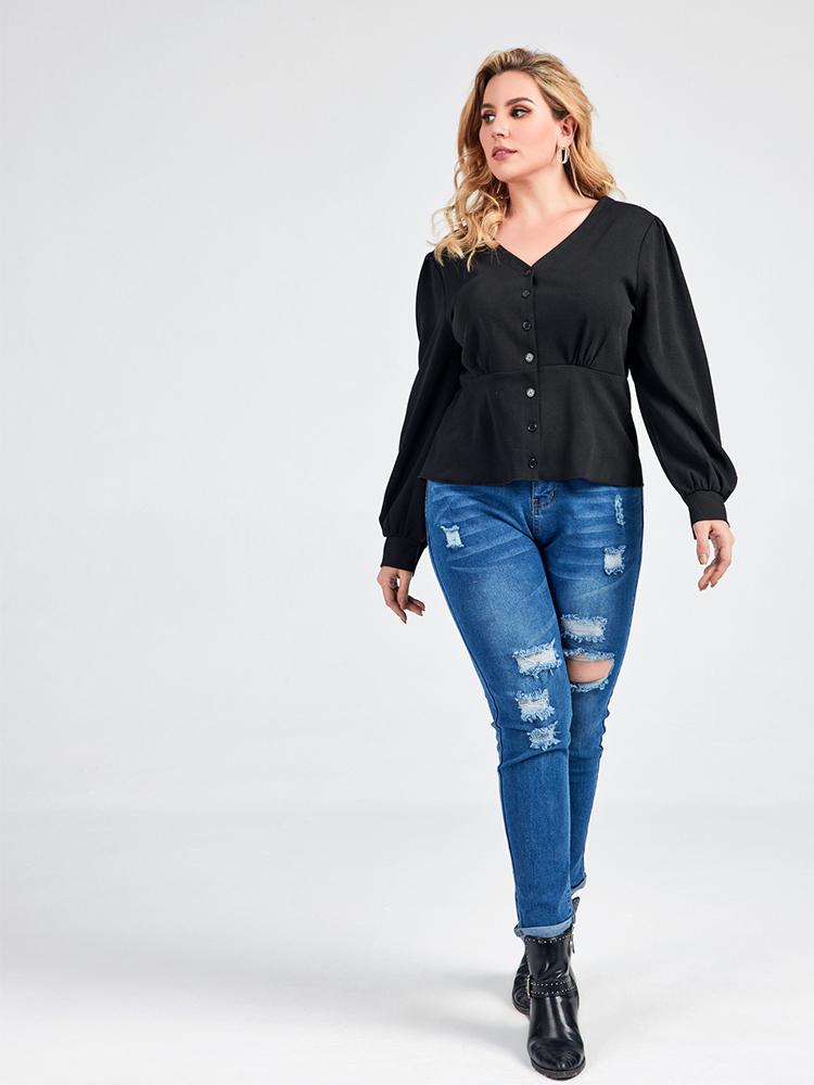 V-neck Button Solid Color Top