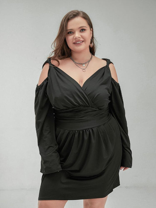 Solid V-neck Cold Shoulder Dress