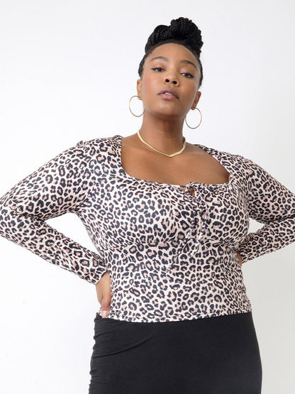 Leopard Print Square Neck Crop Blouse