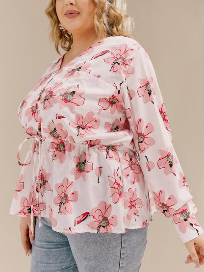 Floral Button Drawstring Blouse