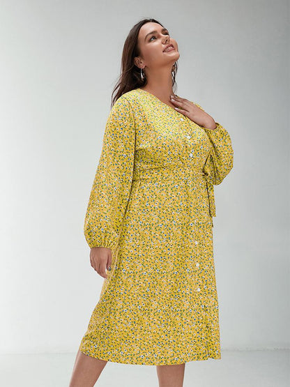 Ditsy Button Through Long Sleeve Dress