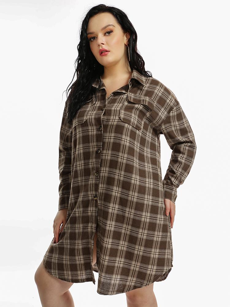 Plaid Curved Hem Shirt Dress
