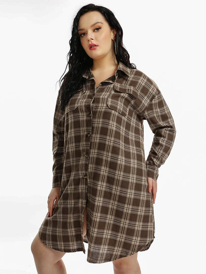 Plaid Curved Hem Shirt Dress