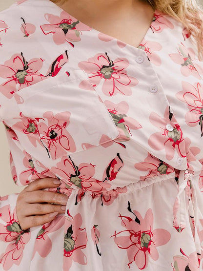 Floral Button Drawstring Blouse