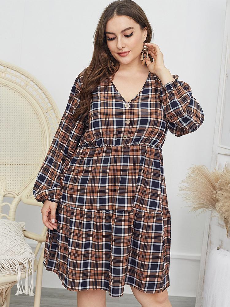 V-neck Plaid Button Dresses