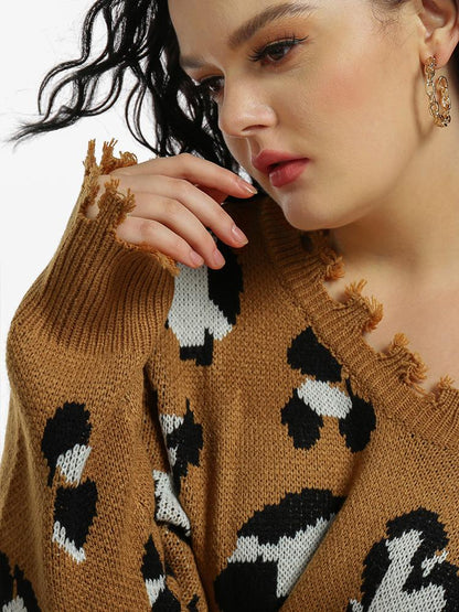 Leopard Print Irregular Edge V-Neck Sweater