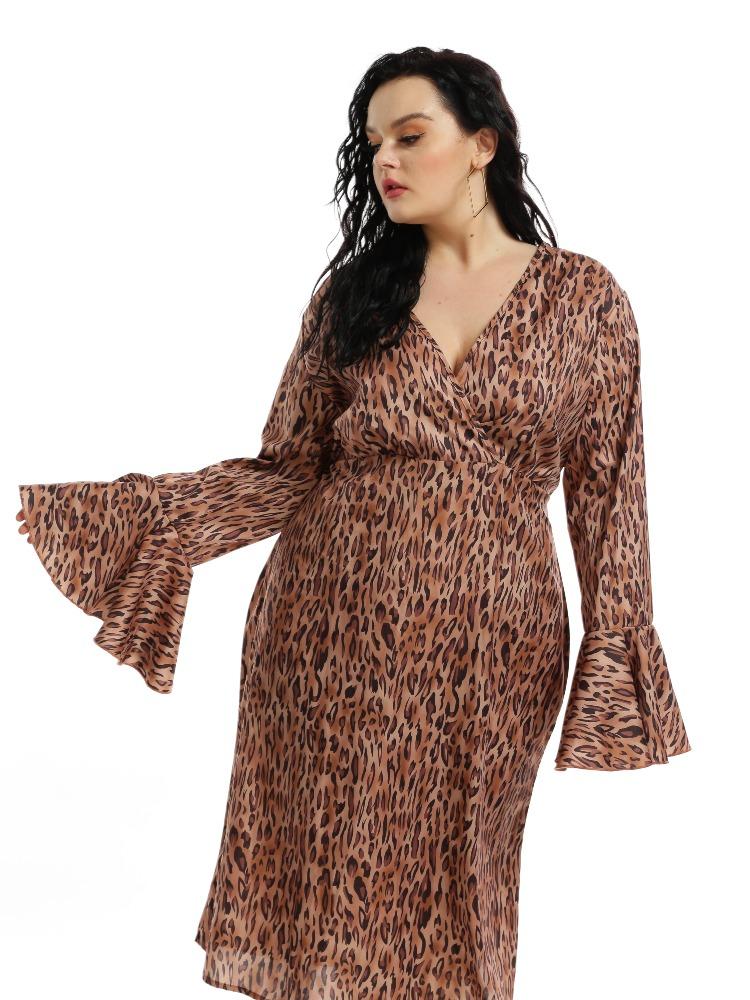 Leopard Flared Sleeve V-neck Wrap Dress