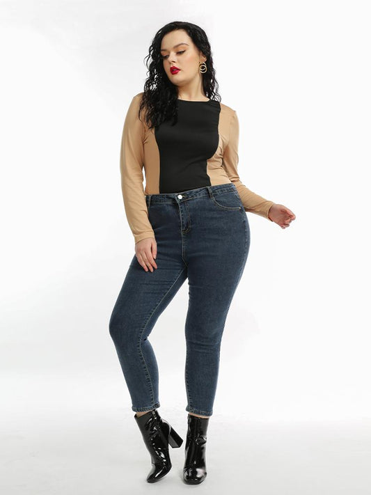 Colorblock Round Neck Long-sleeved T-shirt