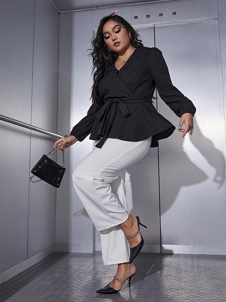 Solid Waist V-neck Wrap Blouse