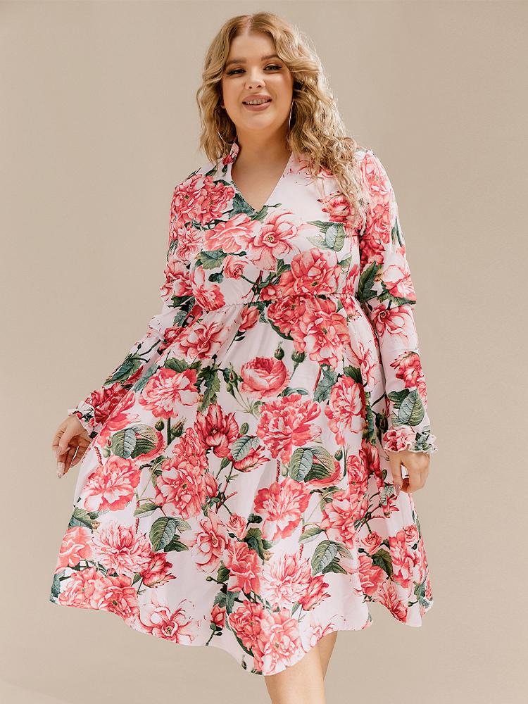 Floral Ruffle Detail Long Sleeved Dress