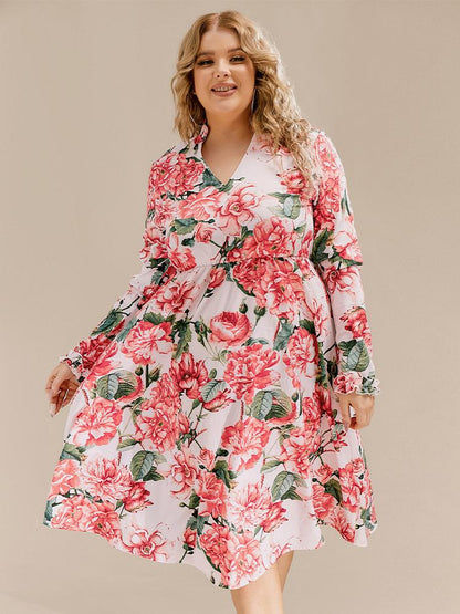 Floral Ruffle Detail Long Sleeved Dress