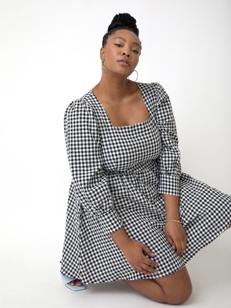 Plaid Puff Sleeve Square Neck Dress
