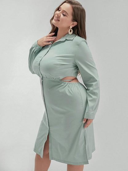Cut Out Lapel Collar Shirt Dress