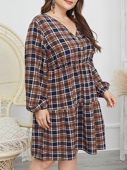 V-neck Plaid Button Dresses