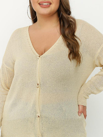 Button Solid Drop Shoulder Cardigan