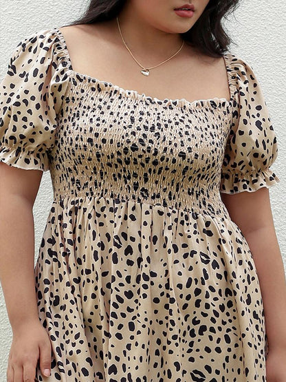 Leopard Shirred Square Collar Dress