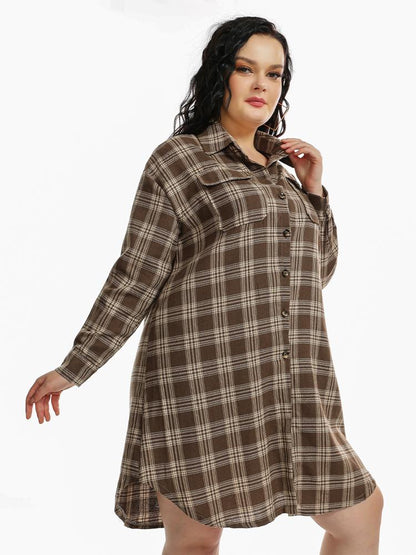 Plaid Curved Hem Shirt Dress