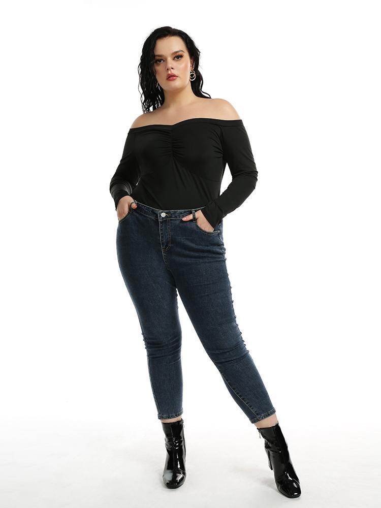 Deep V-neck Long-sleeved Smocking T-shirt