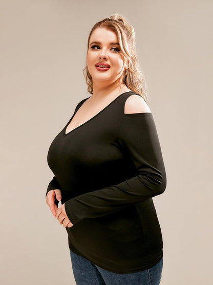 Cold Shoulder V-neck Long-sleeved T-shirt