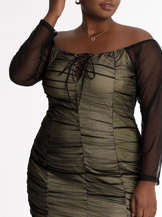 Ruched Mesh Sleeve Dress