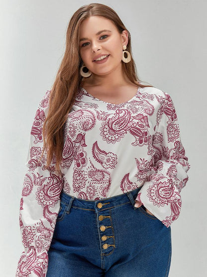 Floral Lantern Sleeve Round Neck Blouse