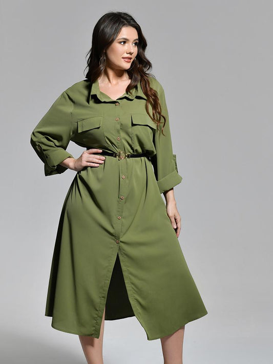 Pocket Lapel Collar Belted Dress