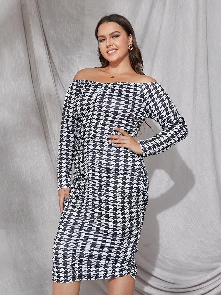 Houndstooth Off Shoulder Long Sleeve Dress