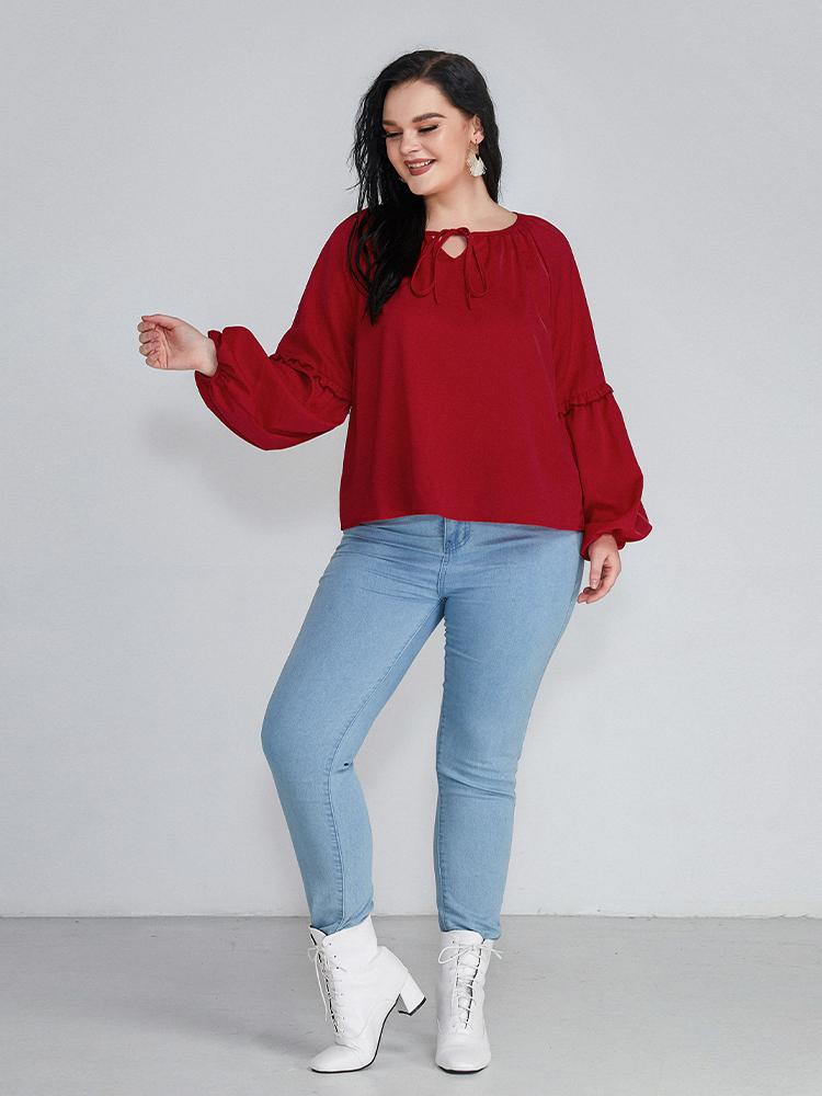 Knotted Notched Neckline Lantern Sleeve Blouse