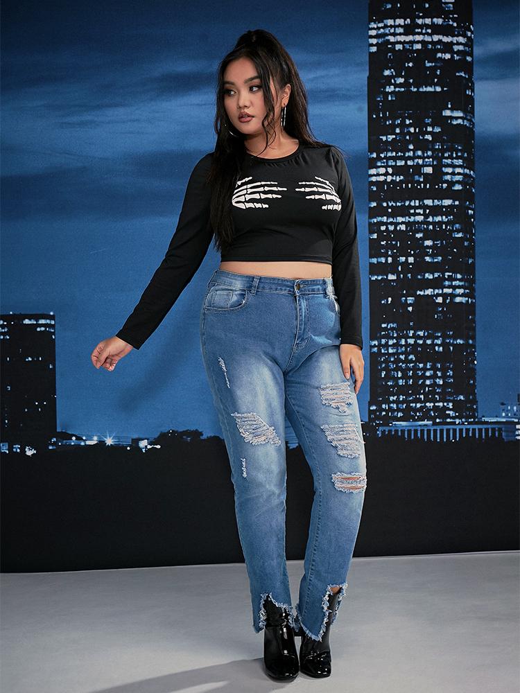 Skull Paw Print Long-sleeved Crop T-shirt