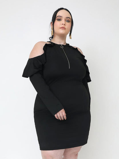 Ruffle Detail Zip Cold Shoulder Dress