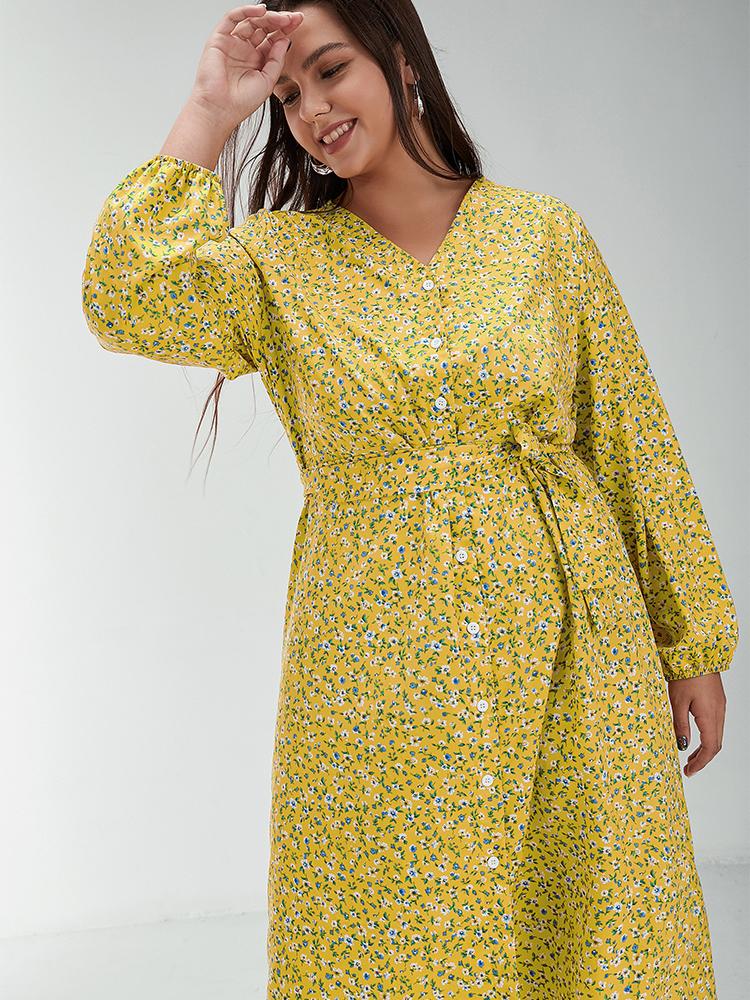 Ditsy Button Through Long Sleeve Dress
