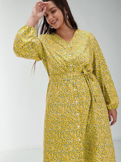 Ditsy Button Through Long Sleeve Dress
