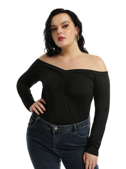 Deep V-neck Long-sleeved Smocking T-shirt