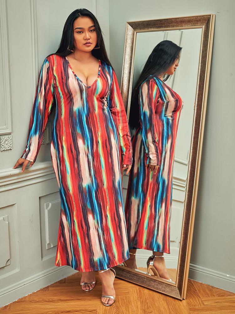 Graffiti Striped V Neck Dress