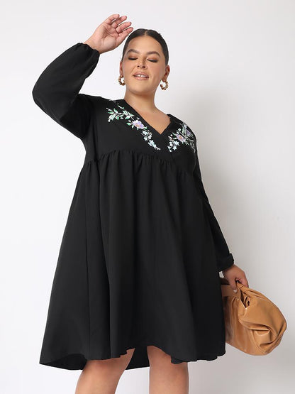 Floral Pleated Loose V-neck Dress