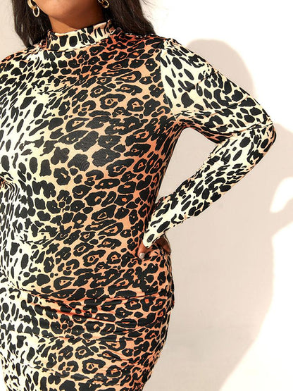 Leopard Print High Neck Long Sleeve Dress