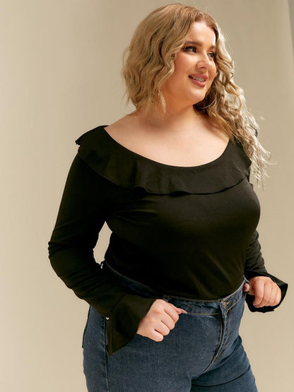 Ruffled Round Neck Long-sleeved T-shirt