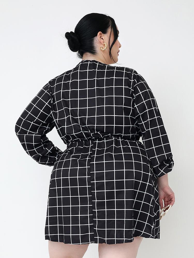 Plaid V-neck Long Sleeve Dress