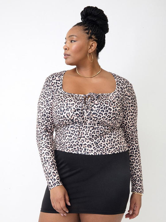 Leopard Print Square Neck Crop Blouse