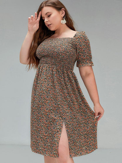 Ditsy Slit Smocking Dress