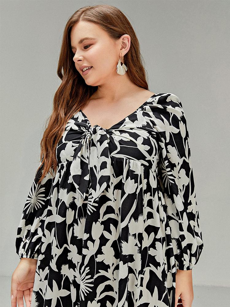 Floral Knotted V-Neck Long Sleeve Dress