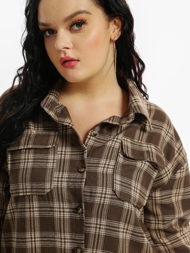 Plaid Curved Hem Shirt Dress