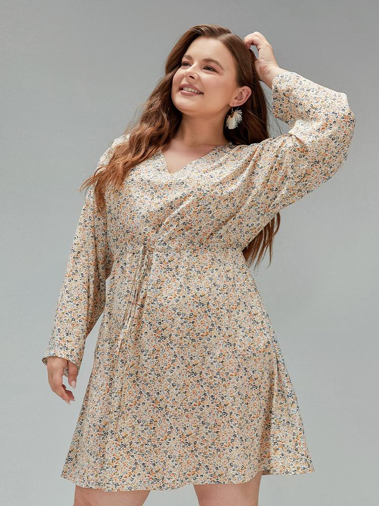 Ditsy Drawstring V-neck Dress